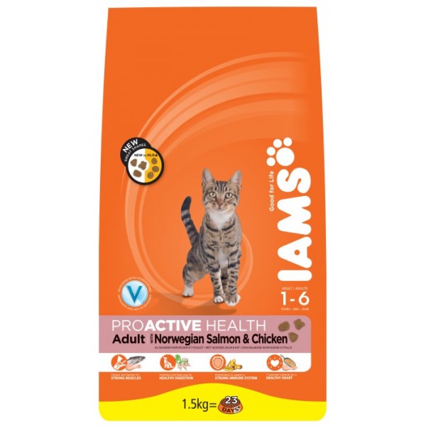 Iams proactive nutrition with norwegian salmon and chicken, 1,5 kg
